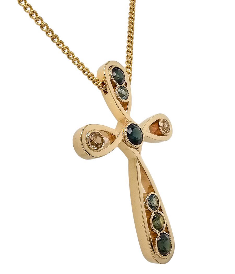 9ct Yellow Gold Cross Pendant Featuring Australian Sapphires